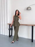 Halter Yaka Kuşaklı Bluz Pantolon İkili Takım