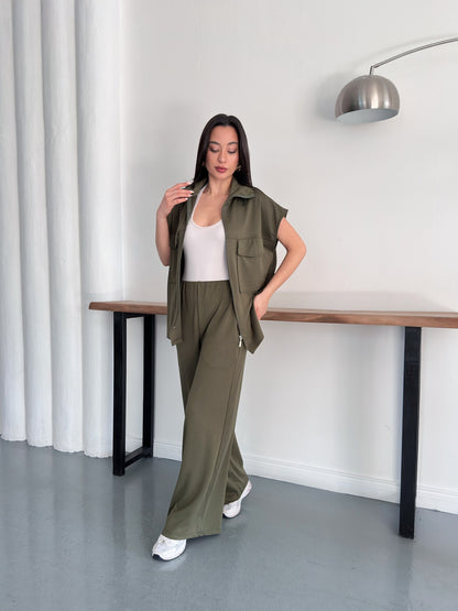 Fermuarlı Yelekli Geniş Paça Pantolon İkili Takım