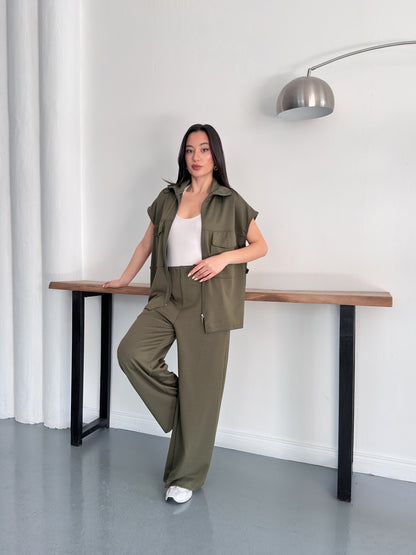 Fermuarlı Yelekli Geniş Paça Pantolon İkili Takım