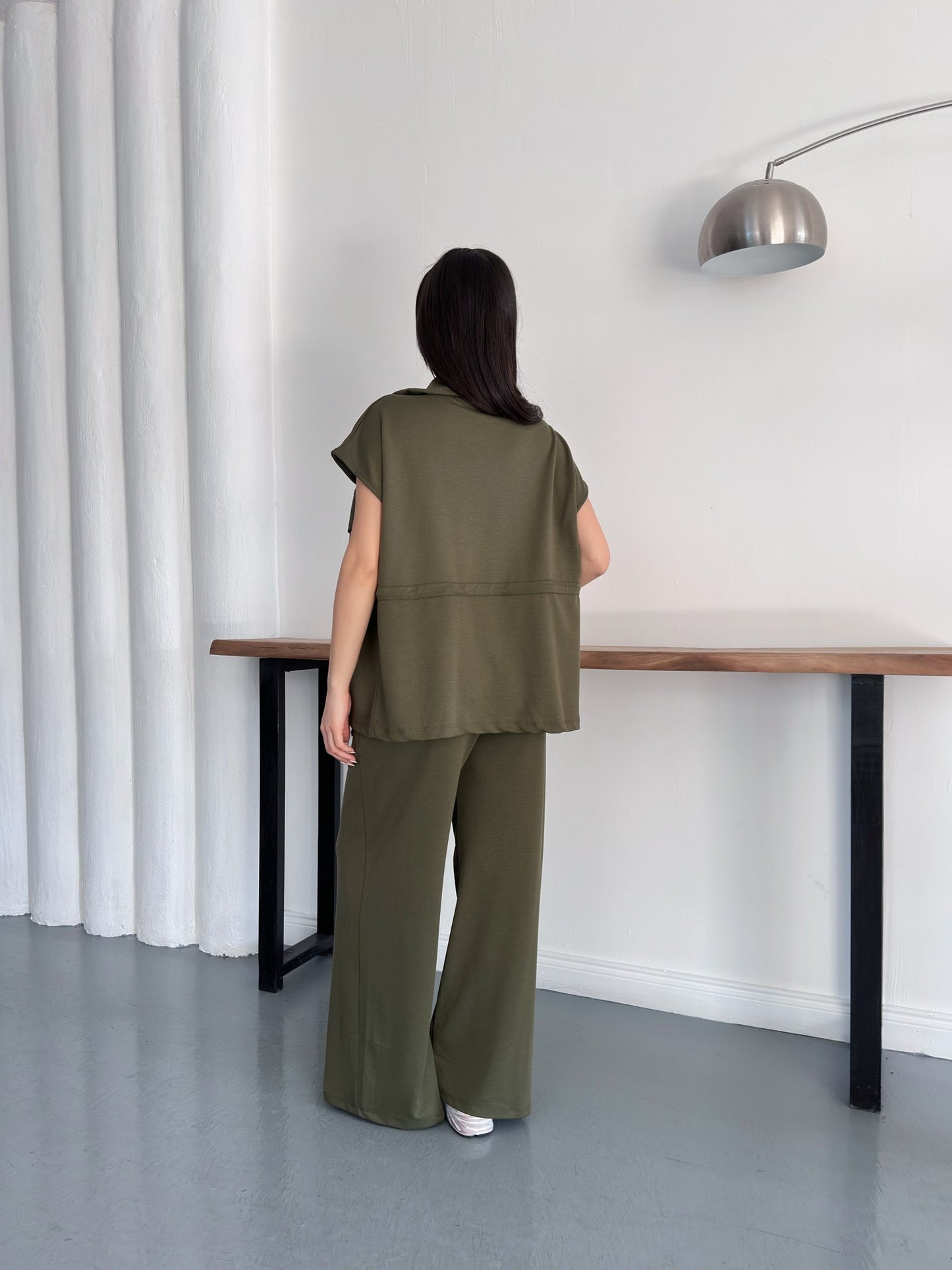 Fermuarlı Yelekli Geniş Paça Pantolon İkili Takım