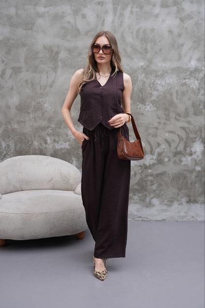 Kahverengi Modal Kumaş Chino Cepli Yelek Pantolon Takım