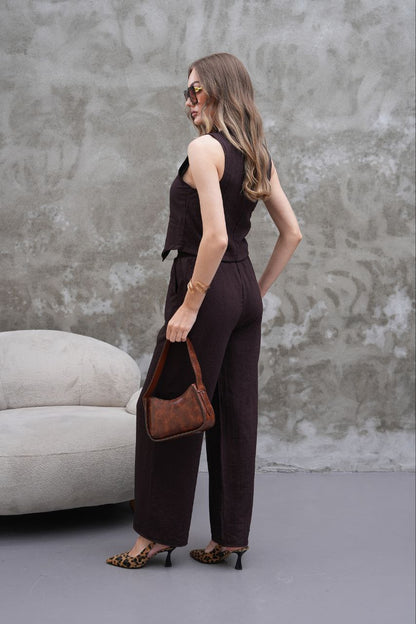 Kahverengi Modal Kumaş Chino Cepli Yelek Pantolon Takım