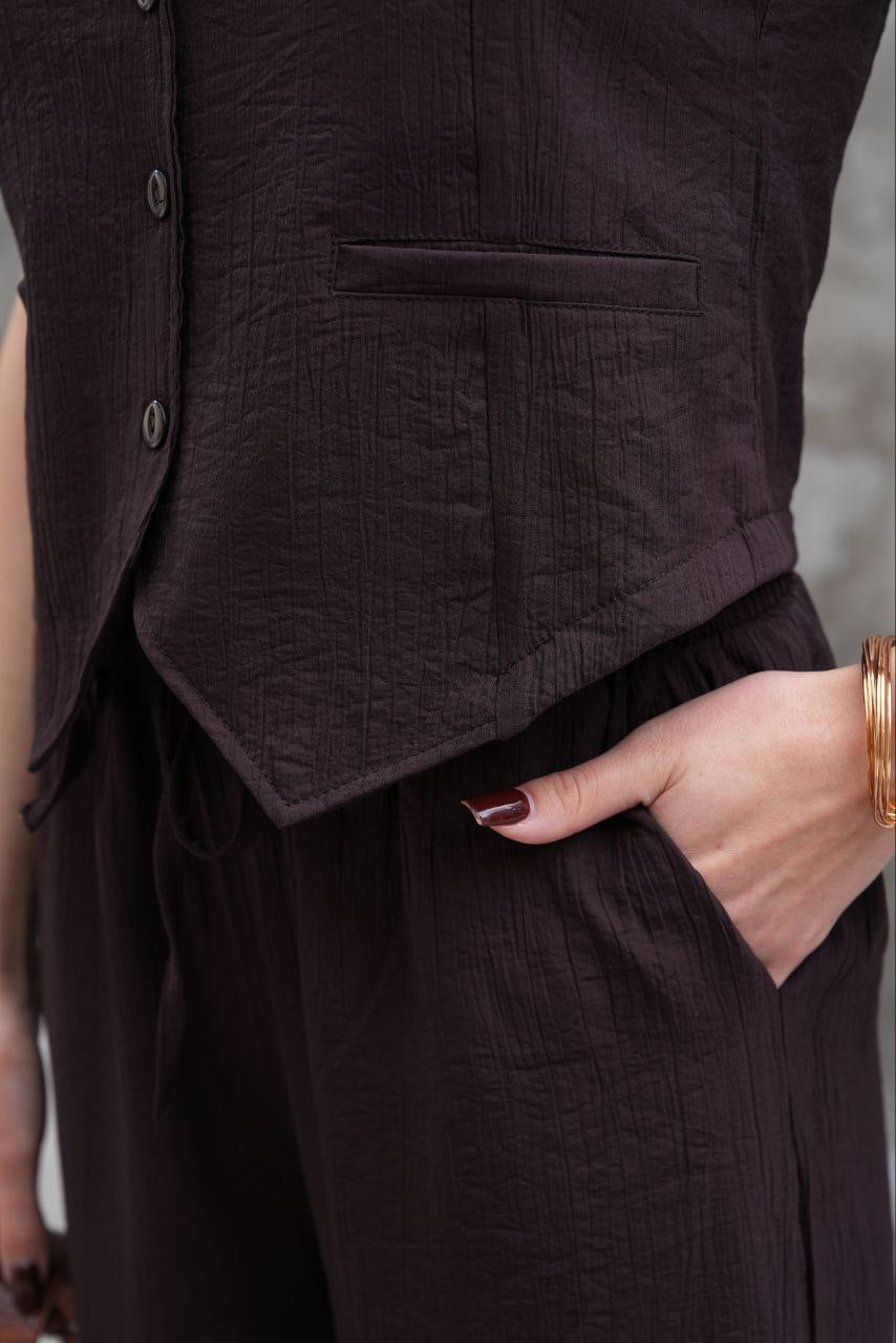 Kahverengi Modal Kumaş Chino Cepli Yelek Pantolon Takım