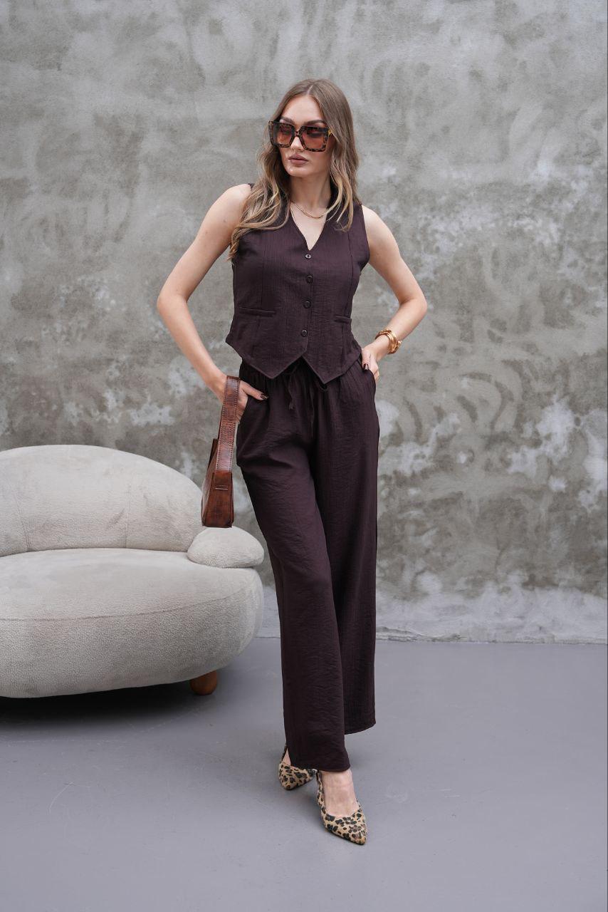 Kahverengi Modal Kumaş Chino Cepli Yelek Pantolon Takım