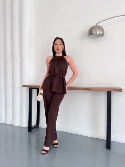 Halter Yaka Kuşaklı Bluz Pantolon İkili Takım