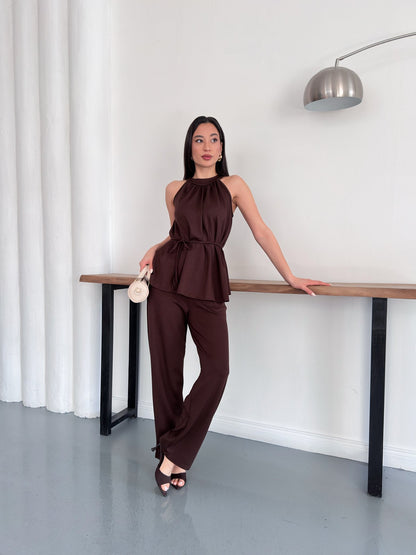 Halter Yaka Kuşaklı Bluz Pantolon İkili Takım