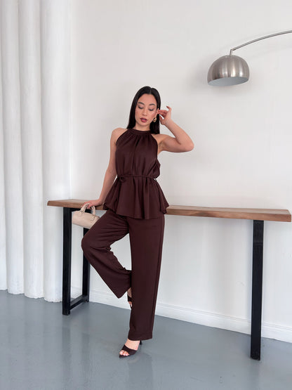 Halter Yaka Kuşaklı Bluz Pantolon İkili Takım