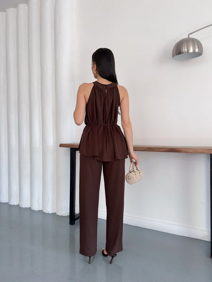 Halter Yaka Kuşaklı Bluz Pantolon İkili Takım