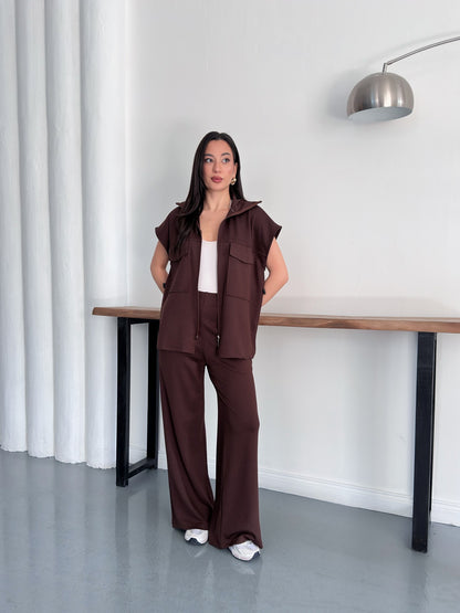 Fermuarlı Yelekli Geniş Paça Pantolon İkili Takım