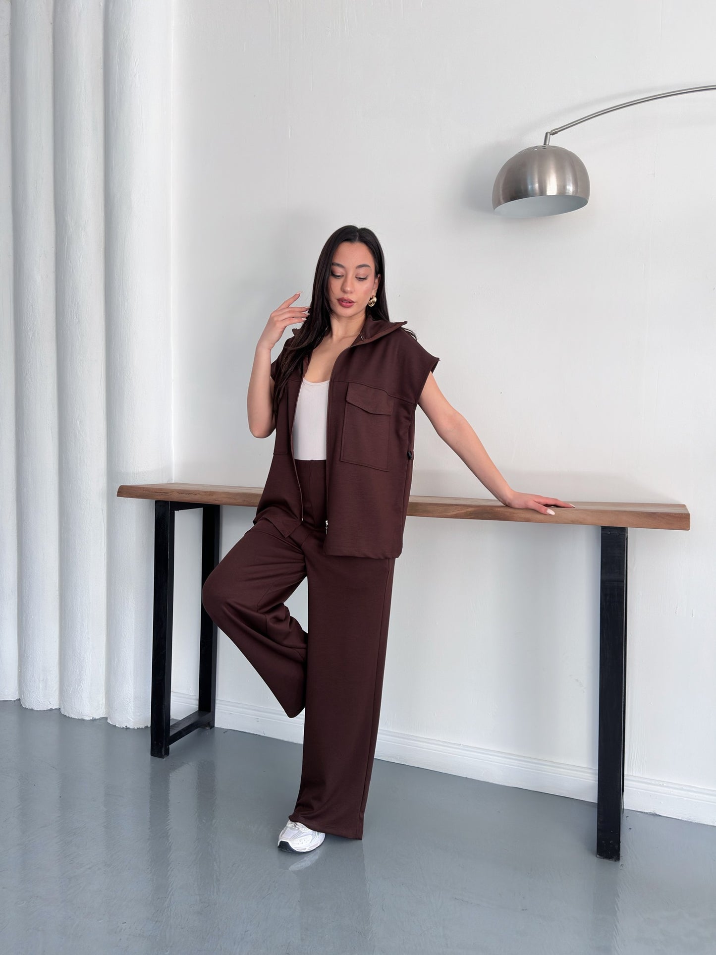 Fermuarlı Yelekli Geniş Paça Pantolon İkili Takım