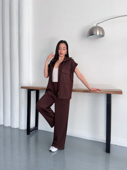 Fermuarlı Yelekli Geniş Paça Pantolon İkili Takım