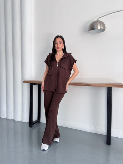 Fermuarlı Yelekli Geniş Paça Pantolon İkili Takım