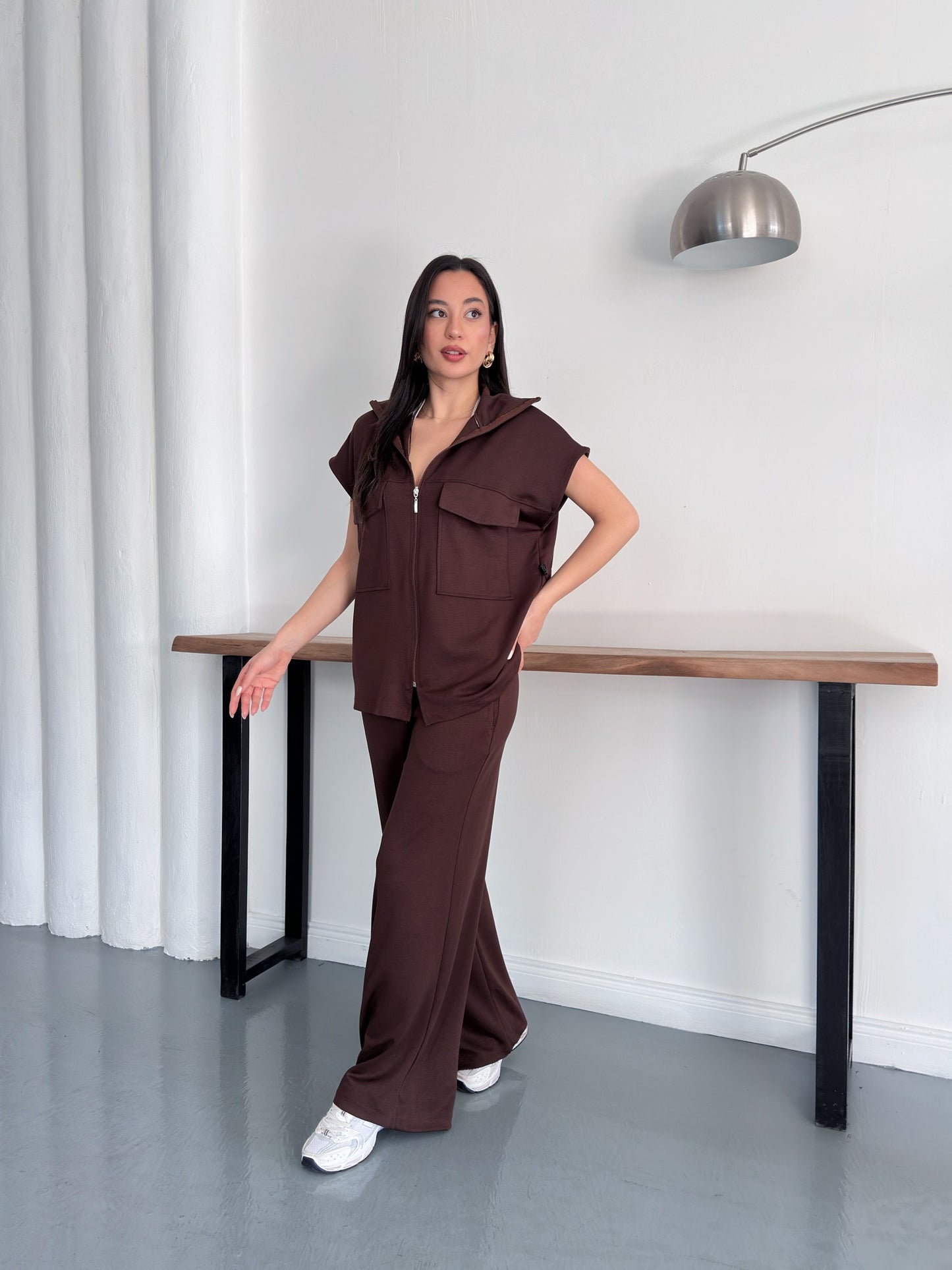 Fermuarlı Yelekli Geniş Paça Pantolon İkili Takım