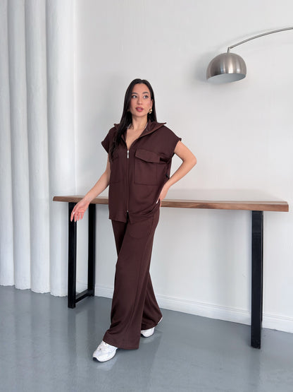 Fermuarlı Yelekli Geniş Paça Pantolon İkili Takım