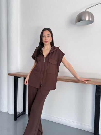 Fermuarlı Yelekli Geniş Paça Pantolon İkili Takım