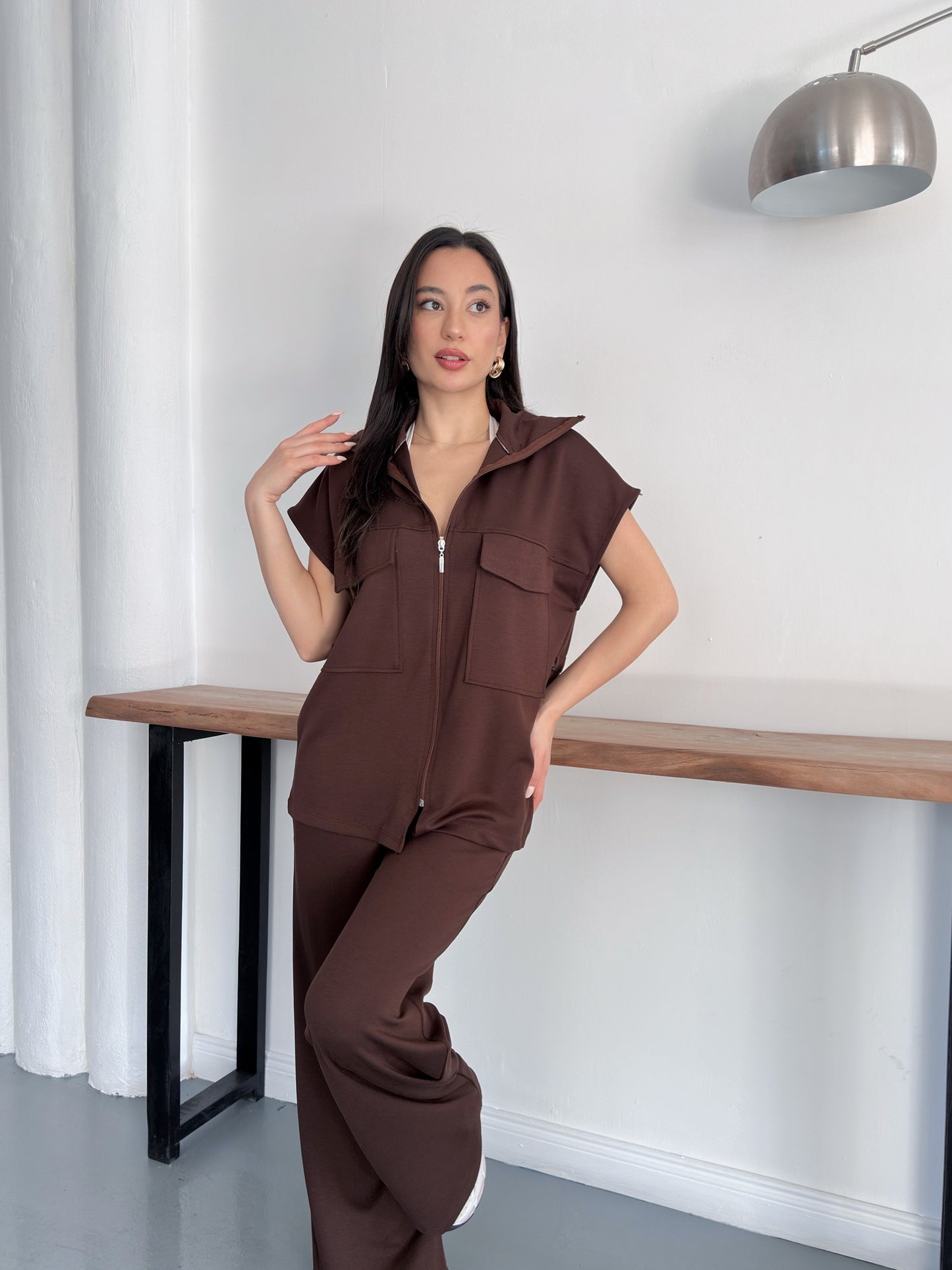 Fermuarlı Yelekli Geniş Paça Pantolon İkili Takım