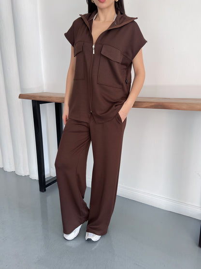 Fermuarlı Yelekli Geniş Paça Pantolon İkili Takım