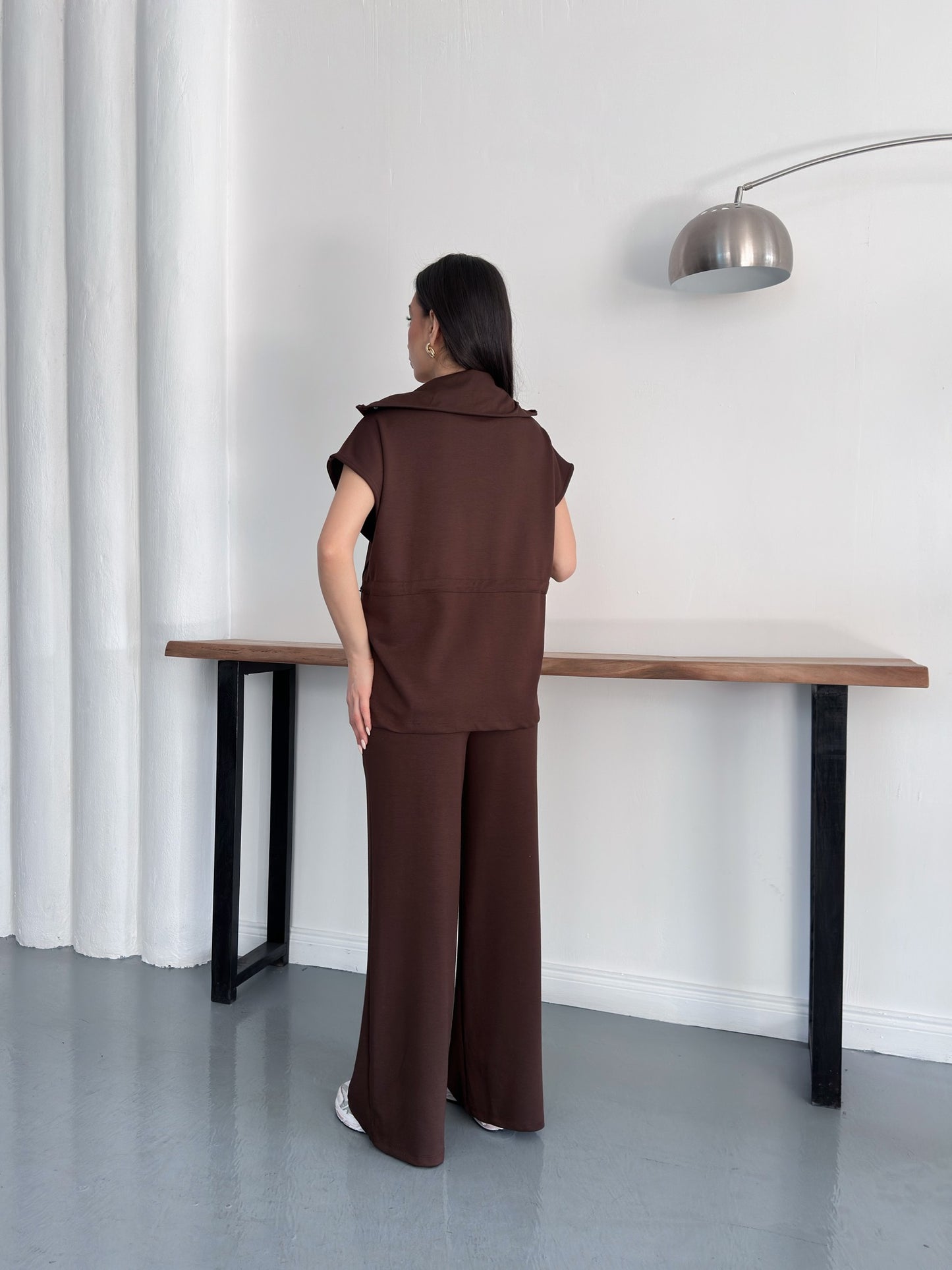 Fermuarlı Yelekli Geniş Paça Pantolon İkili Takım