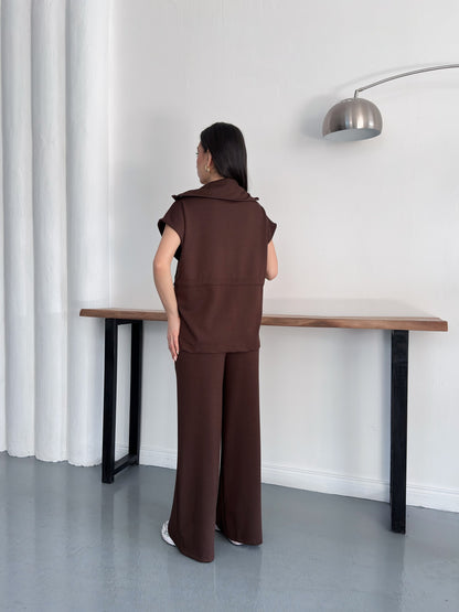 Fermuarlı Yelekli Geniş Paça Pantolon İkili Takım