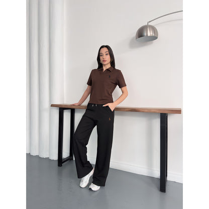 Polo Yaka Nakış Detaylı Geniş Paça Eşofman Takımı Rahat Kalıp Spor Takım