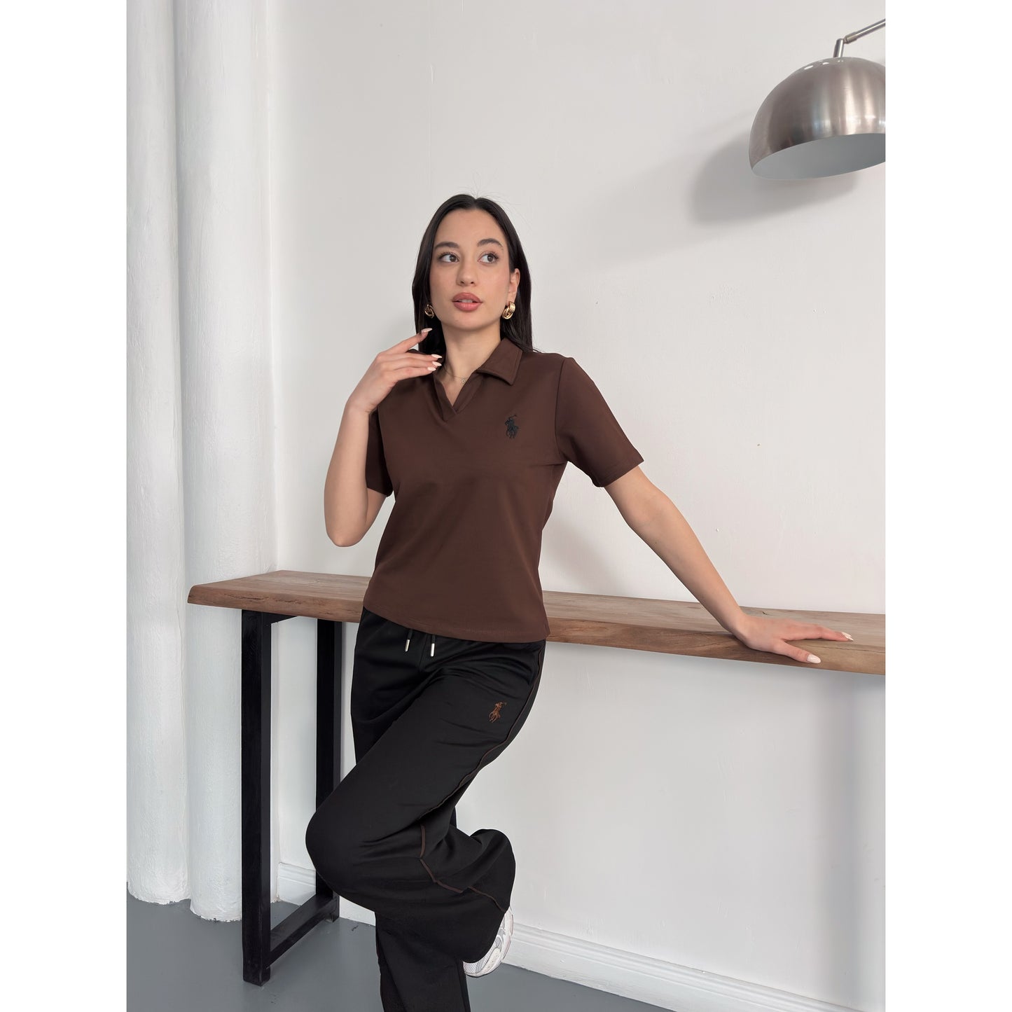 Polo Yaka Nakış Detaylı Geniş Paça Eşofman Takımı Rahat Kalıp Spor Takım