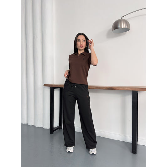 Polo Yaka Nakış Detaylı Geniş Paça Eşofman Takımı Rahat Kalıp Spor Takım