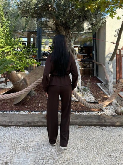 V Detaylı Fermuarlı Beli Büzgülü Bol Paça Pantolonlu İkili Takım