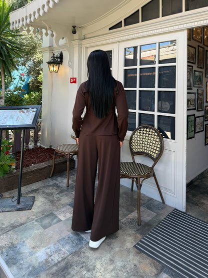 Polo Yaka Fermuarlı Beli Büzgülü Bol Paça Pantolonlu İkili Takım
