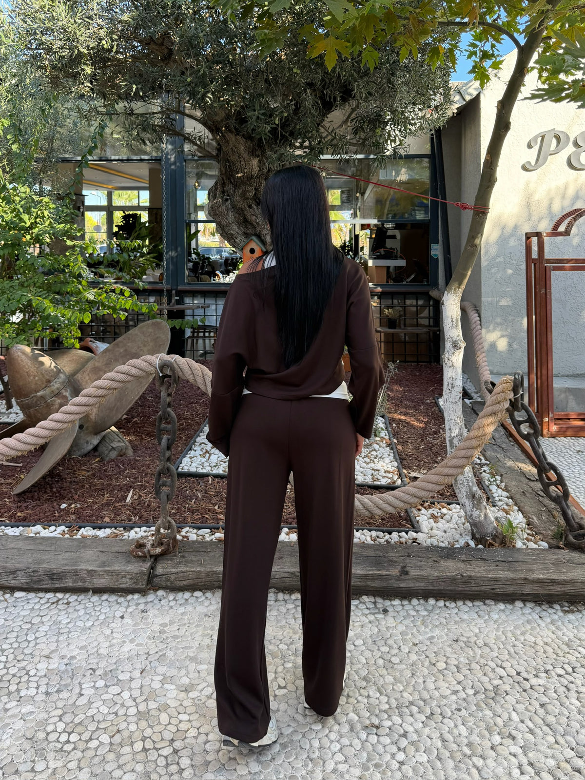 Tek Omuz Detaylı Bol Paça Pantolonlu 3 Parça Takım