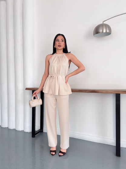 Halter Yaka Kuşaklı Bluz Pantolon İkili Takım