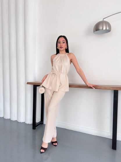 Halter Yaka Kuşaklı Bluz Pantolon İkili Takım