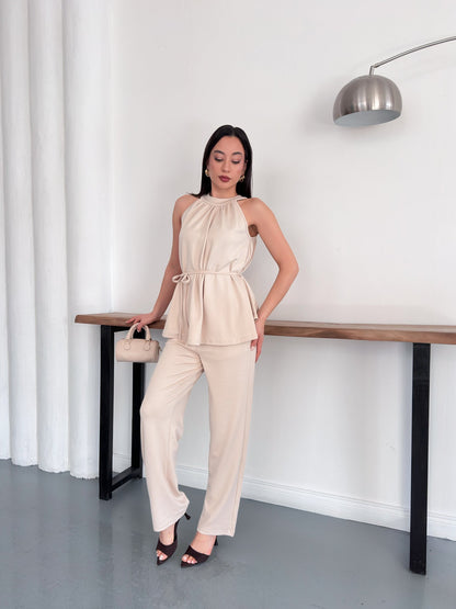 Halter Yaka Kuşaklı Bluz Pantolon İkili Takım