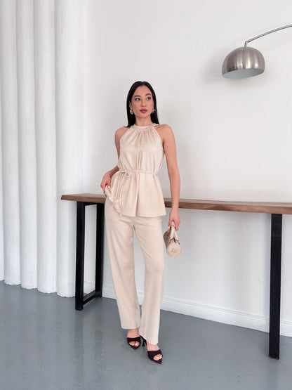 Halter Yaka Kuşaklı Bluz Pantolon İkili Takım
