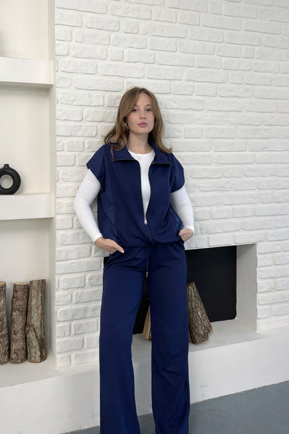 Paraşüt Kumaş Detaylı Yelekli Modal Alt Üst Şık Takım