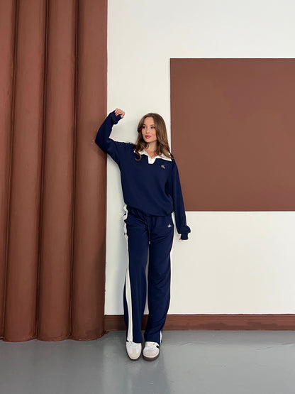 Polo Yaka Yumuşak Dokulu Şeritli Oversize İkili Takım