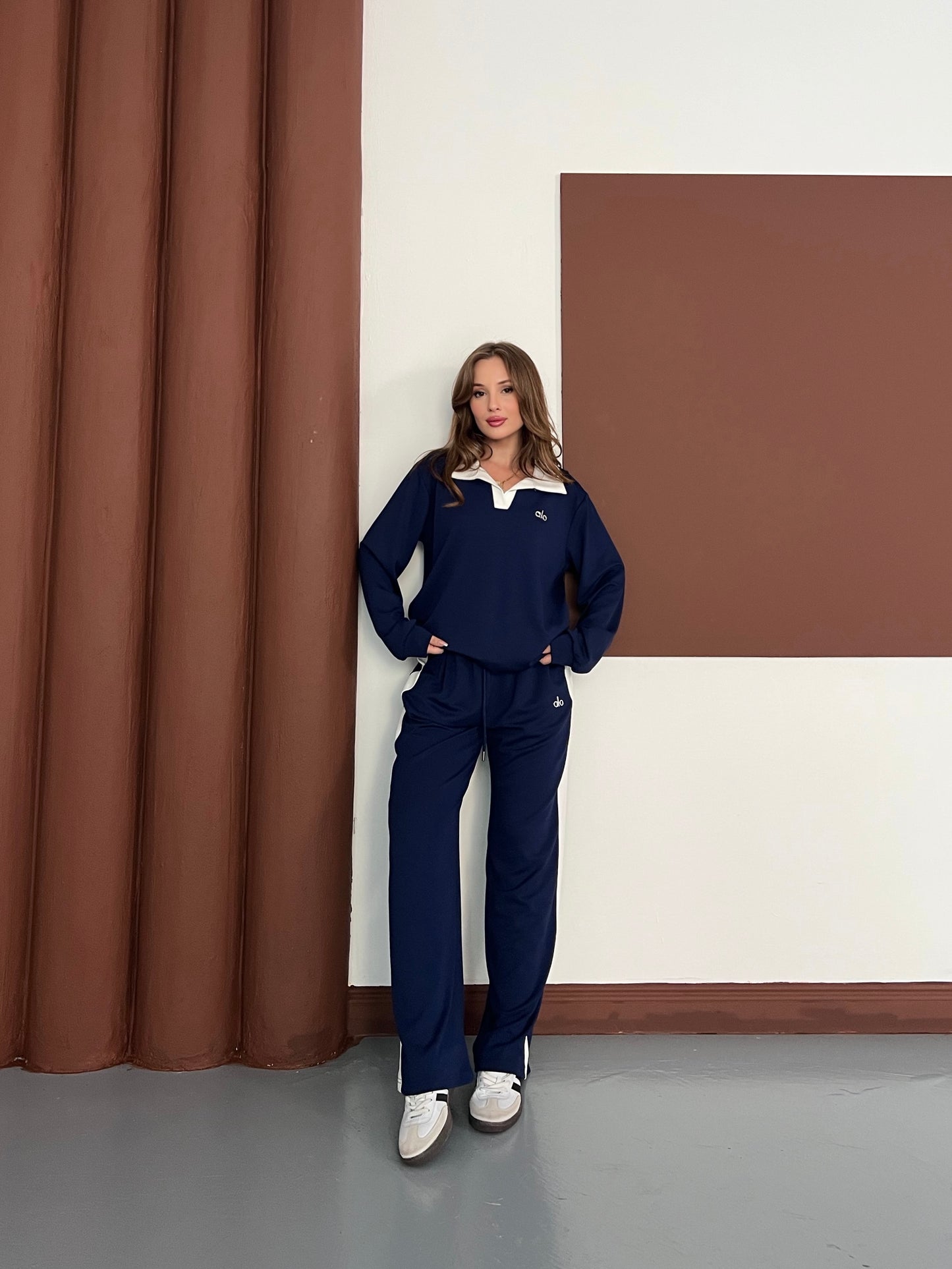 Polo Yaka Yumuşak Dokulu Şeritli Oversize İkili Takım