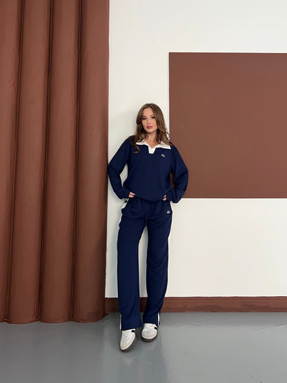 Polo Yaka Yumuşak Dokulu Şeritli Oversize İkili Takım