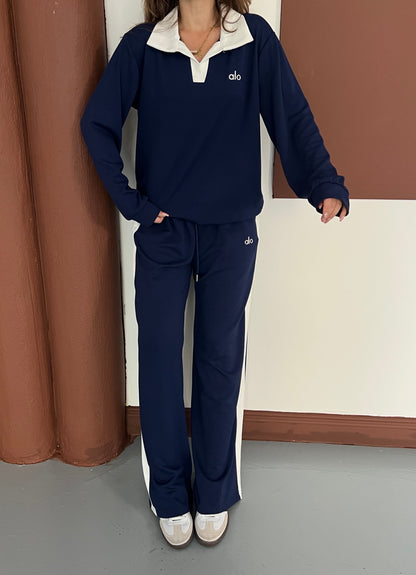 Polo Yaka Yumuşak Dokulu Şeritli Oversize İkili Takım