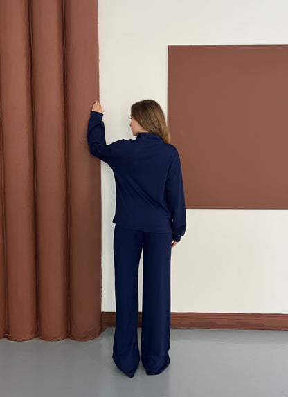 Polo Yaka Yumuşak Dokulu Şeritli Oversize İkili Takım