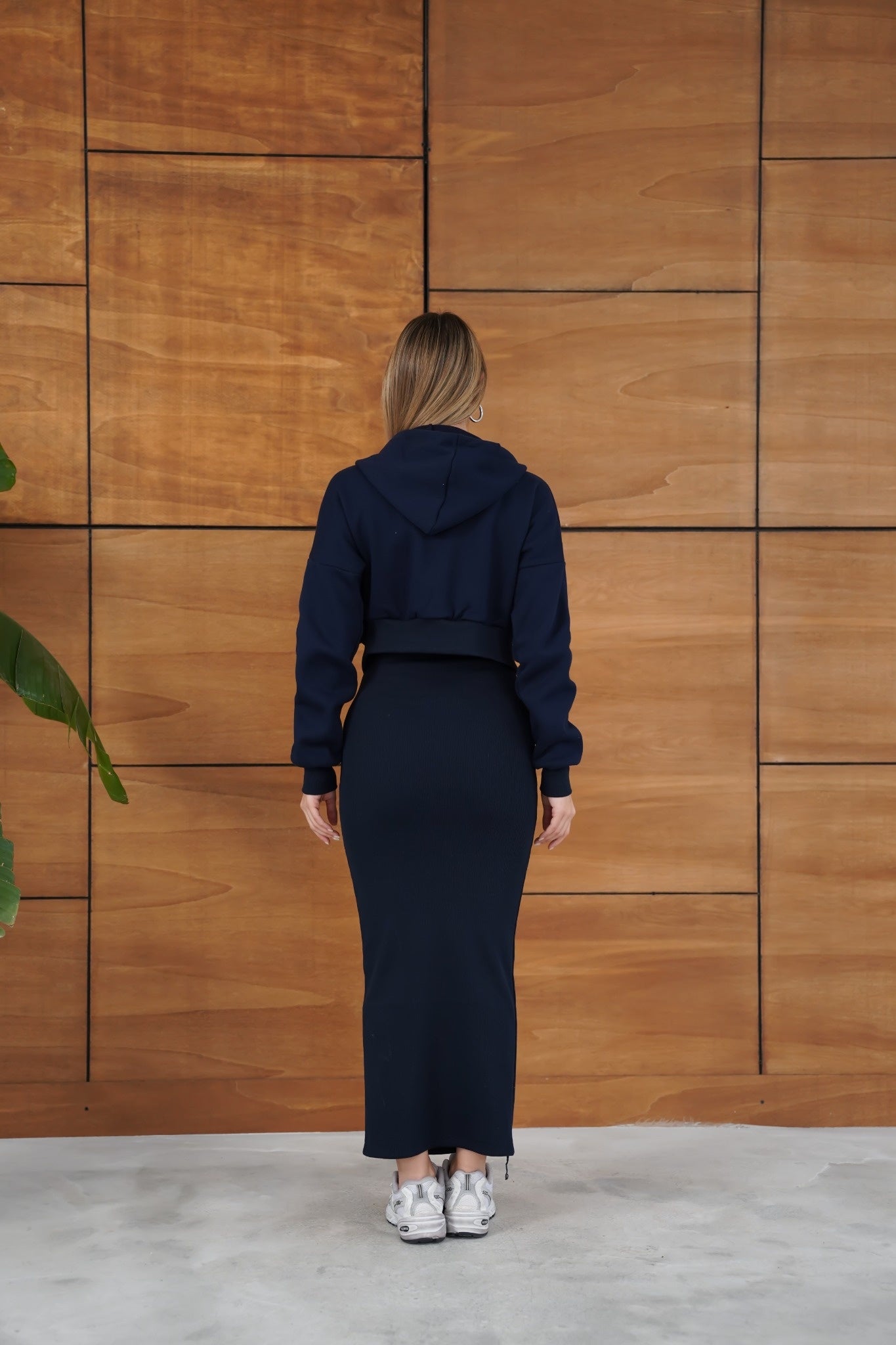 Kapüşonlu Crop Hırkalı Uzun Elbise İkili Takım