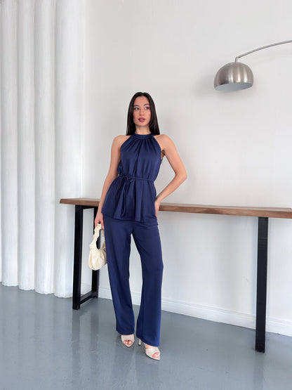 Halter Yaka Kuşaklı Bluz Pantolon İkili Takım