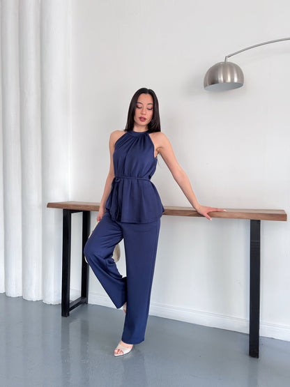 Halter Yaka Kuşaklı Bluz Pantolon İkili Takım