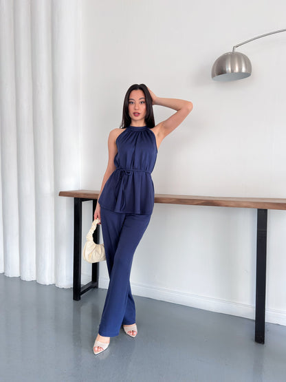 Halter Yaka Kuşaklı Bluz Pantolon İkili Takım