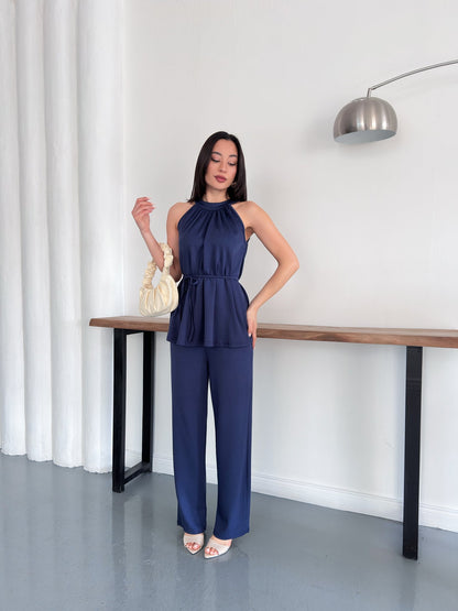 Halter Yaka Kuşaklı Bluz Pantolon İkili Takım