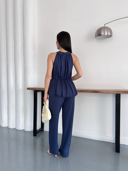 Halter Yaka Kuşaklı Bluz Pantolon İkili Takım