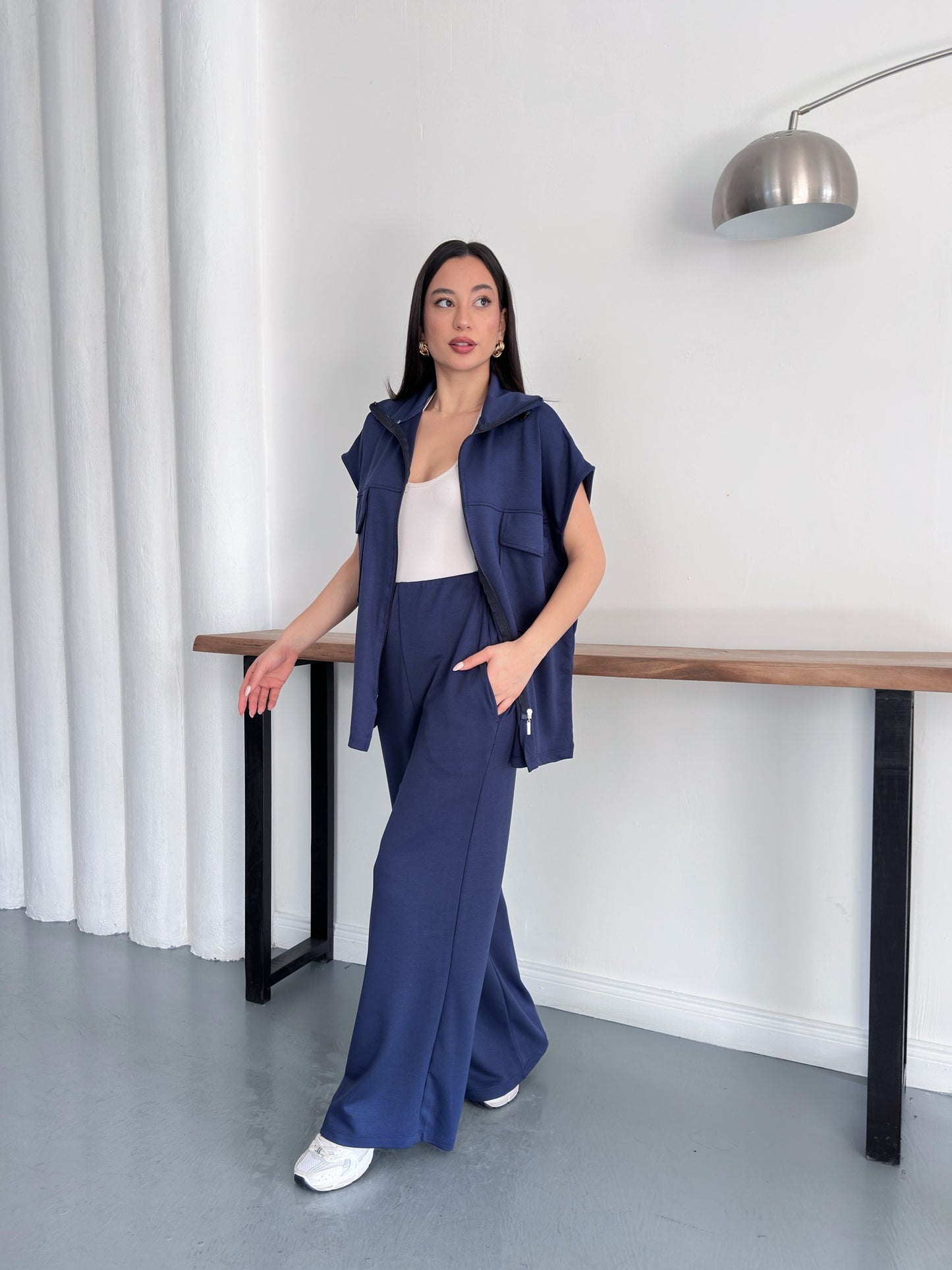 Fermuarlı Yelekli Geniş Paça Pantolon İkili Takım