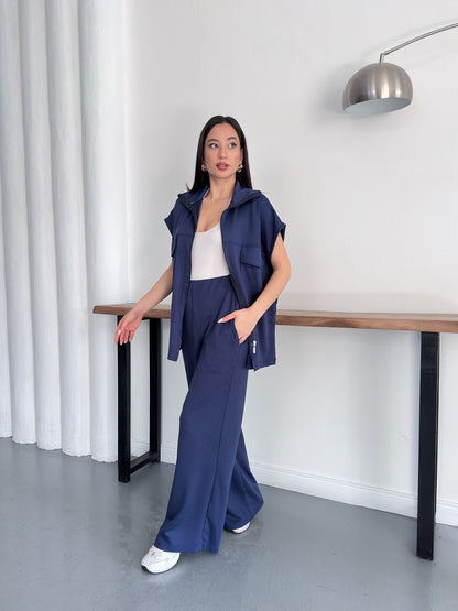 Fermuarlı Yelekli Geniş Paça Pantolon İkili Takım