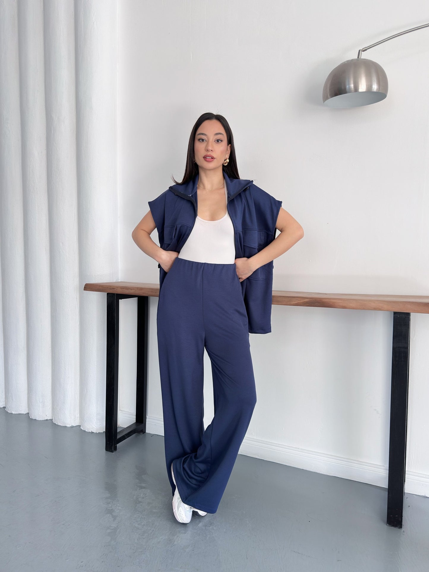 Fermuarlı Yelekli Geniş Paça Pantolon İkili Takım