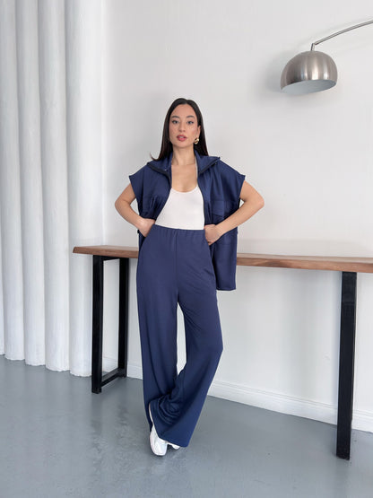 Fermuarlı Yelekli Geniş Paça Pantolon İkili Takım