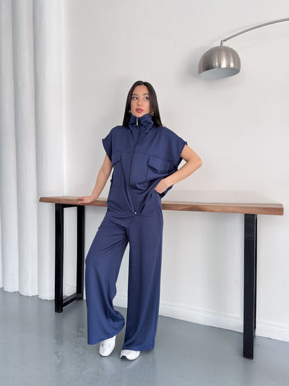 Fermuarlı Yelekli Geniş Paça Pantolon İkili Takım